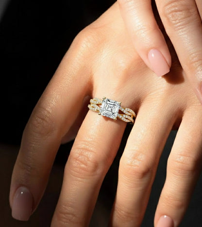 Asscher Cut  Lab Grown Diamond 14k Solid Gold  Wedding Bridal Set Hidden Halo Ring For women's