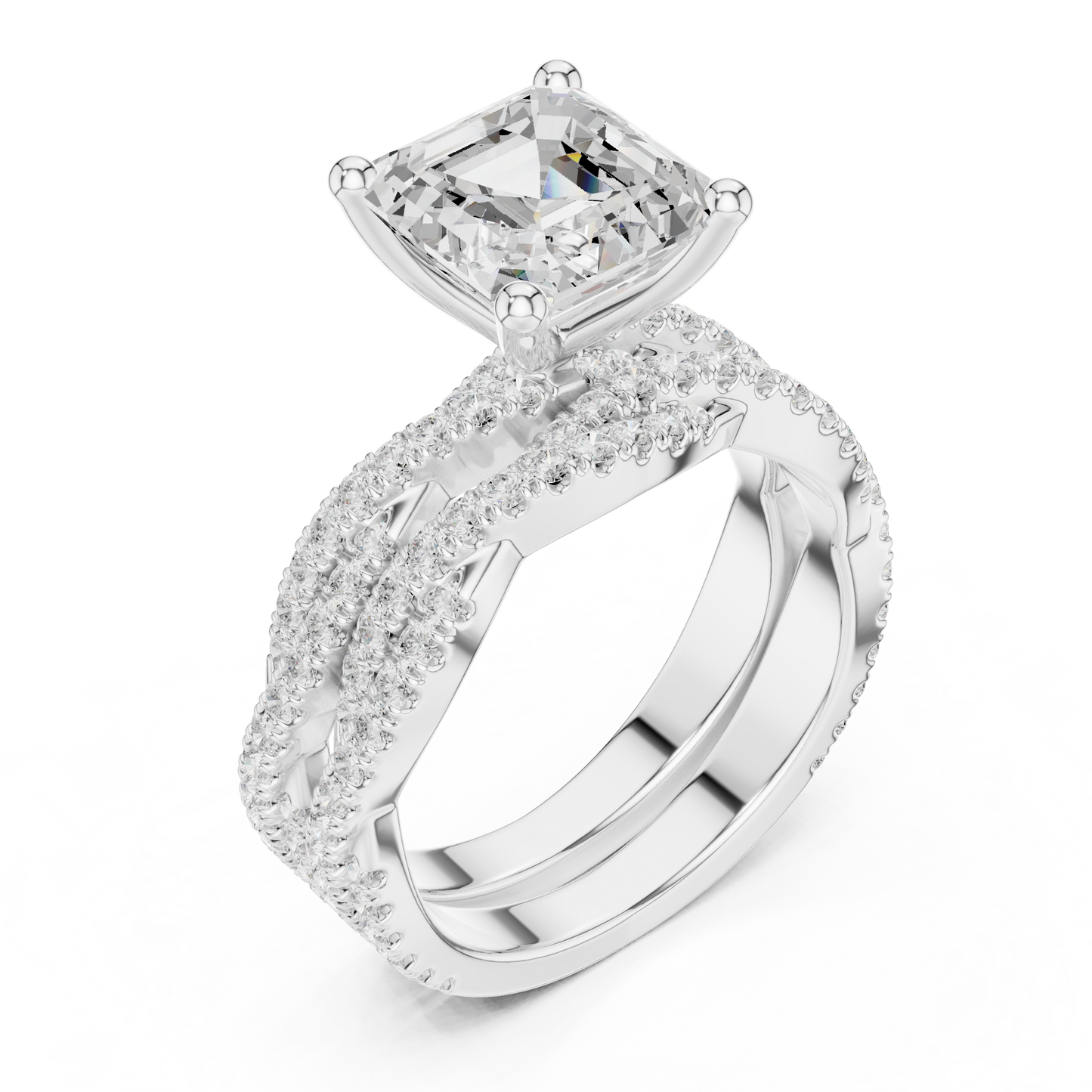 Asscher Cut  Lab Grown Diamond 14k Solid Gold  Wedding Bridal Set Hidden Halo Ring For women's - HIGHCARAT DIAMONDS