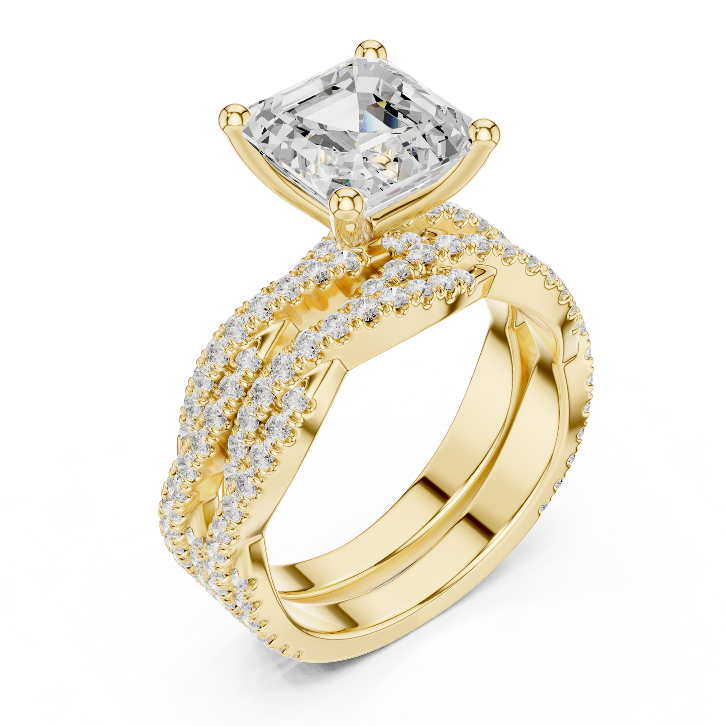 Asscher Cut  Lab Grown Diamond 14k Solid Gold  Wedding Bridal Set Hidden Halo Ring For women's - HIGHCARAT DIAMONDS
