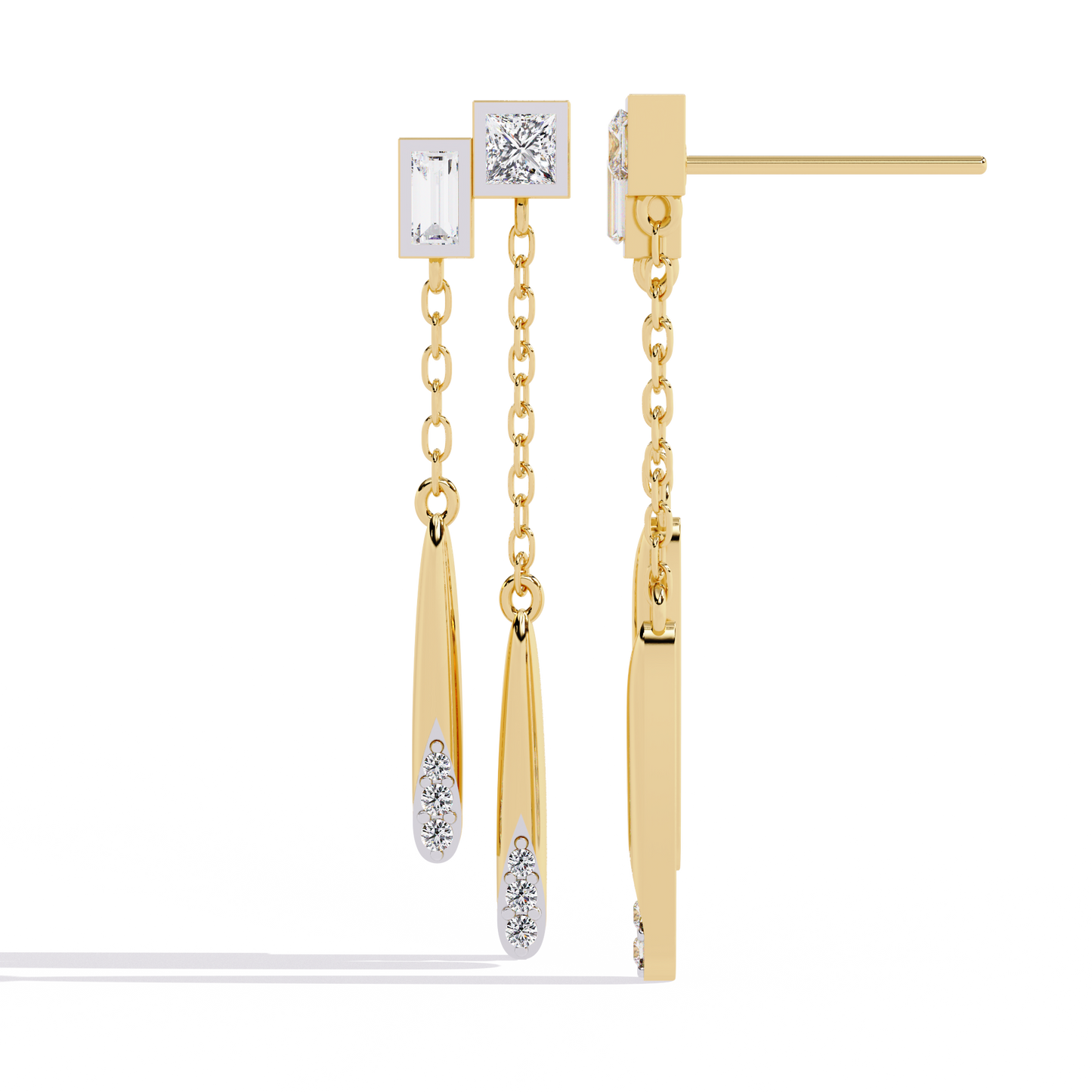 Baguette And Princess Cut Diamond Elegant Classic 10K Solid Yellow Gold Chain Drop Earring Gift For Women's