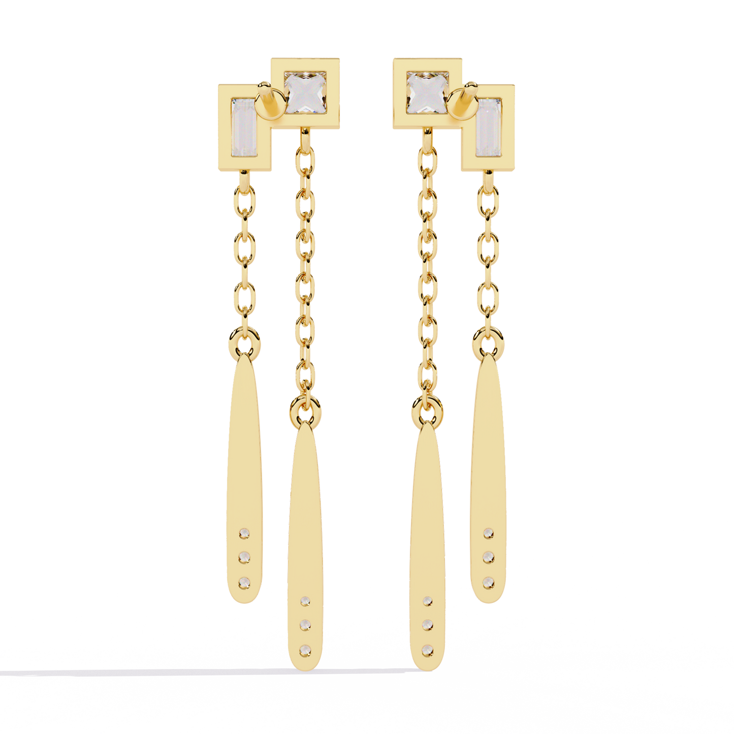 Baguette And Princess Cut Diamond Elegant Classic 10K Solid Yellow Gold Chain Drop Earring Gift For Women's