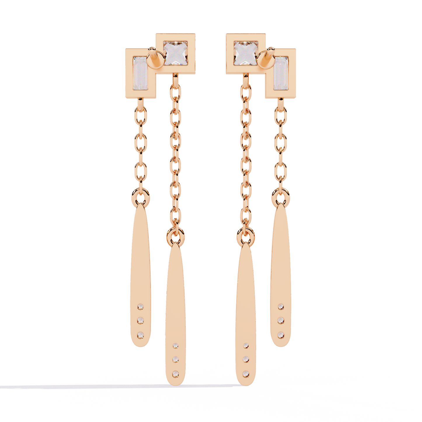 Baguette And Princess Cut Diamond Elegant Classic 10K Solid Yellow Gold Chain Drop Earring Gift For Women's