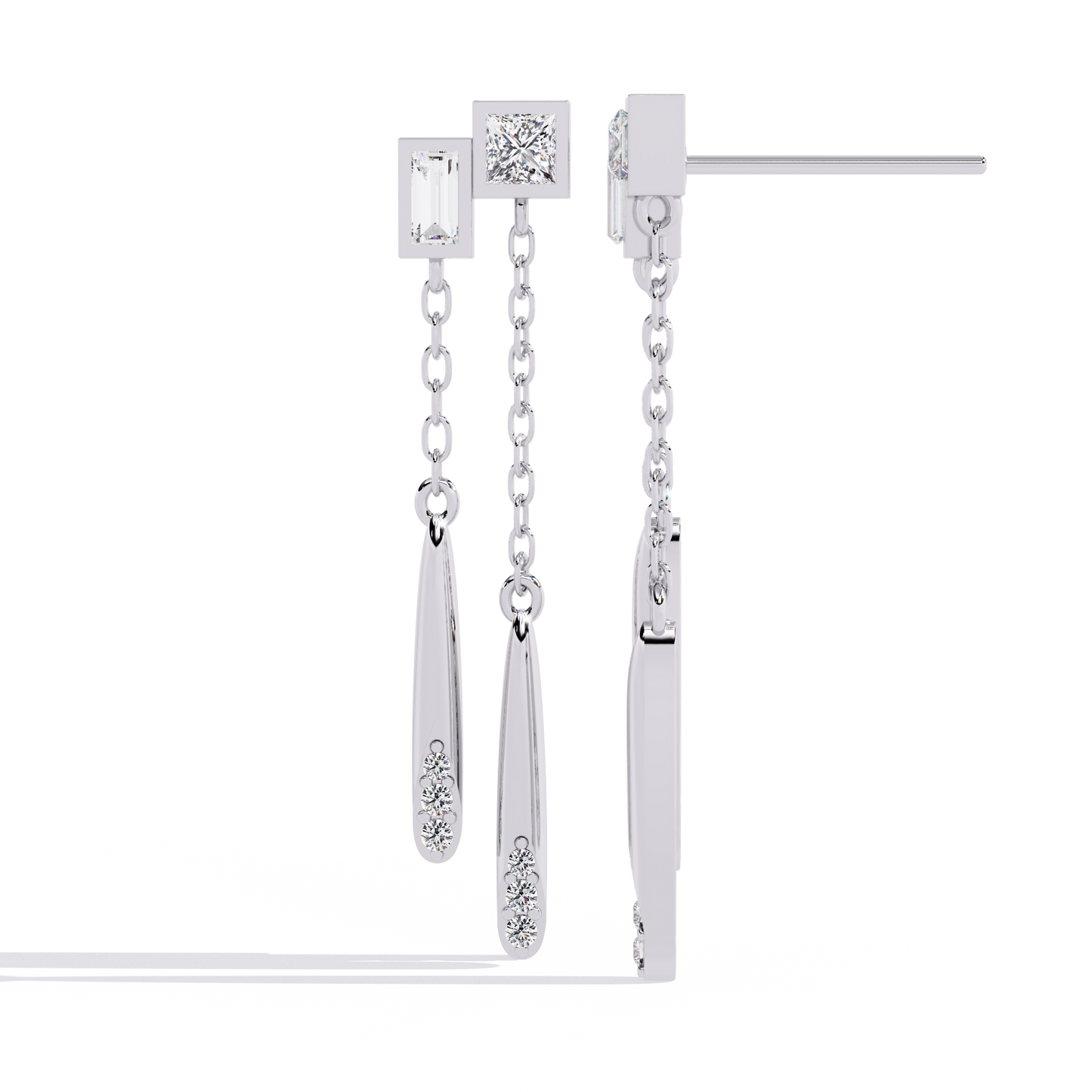 Baguette And Princess Cut Diamond Elegant Classic 10K Solid Yellow Gold Chain Drop Earring Gift For Women's