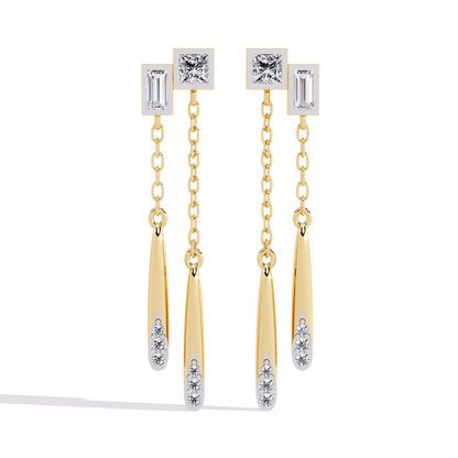 Baguette And Princess Cut Diamond Elegant Classic 10K Solid Yellow Gold Chain Drop Earring Gift For Women's
