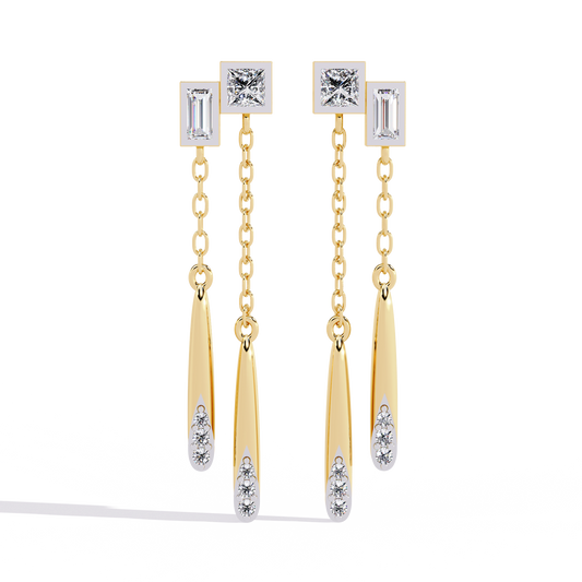 Baguette And Princess Cut Diamond Elegant Classic 10K Solid Yellow Gold Chain Drop Earring Gift For Women's - HIGHCARAT DIAMONDS