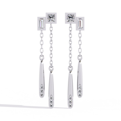 Baguette And Princess Cut Diamond Elegant Classic 10K Solid Yellow Gold Chain Drop Earring Gift For Women's