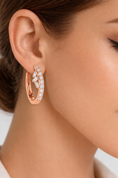 Baguette And Round Cut Diamond Sparkling Art Deco Dainty Cluster Statement Party Wear Hoop Earring Gift For Her - HIGHCARAT DIAMONDS