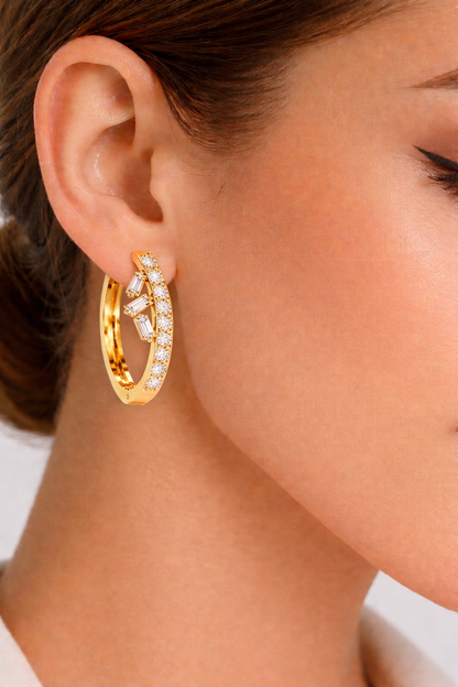 Baguette And Round Cut Diamond Sparkling Art Deco Dainty Cluster Statement Party Wear Hoop Earring Gift For Her - HIGHCARAT DIAMONDS #wearthelook