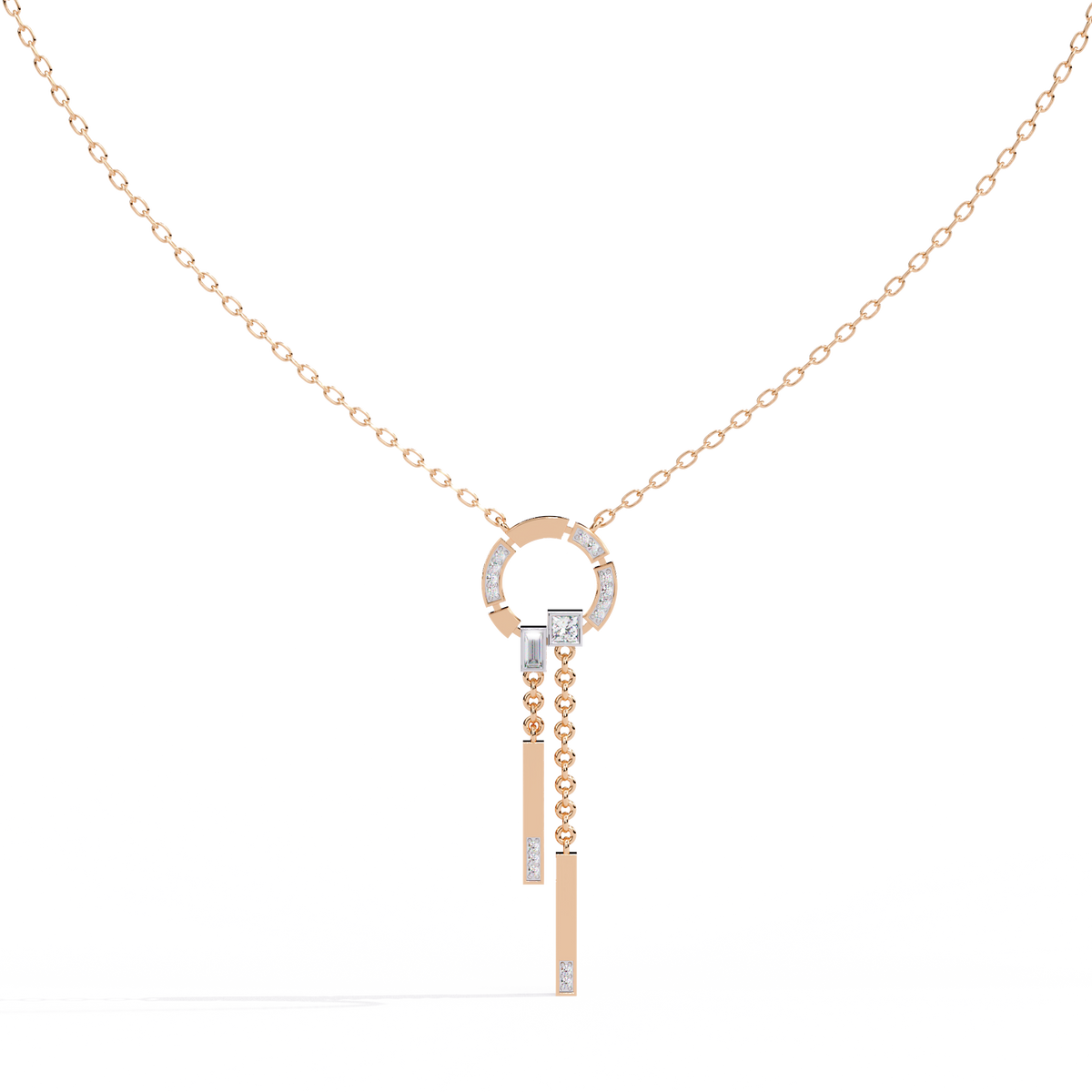 Baguette, Princess and Round 14K Solid Rose Gold Natural Cut Diamond Bezel Set Antique Necklace Gifted for Women's - HIGHCARAT DIAMONDS