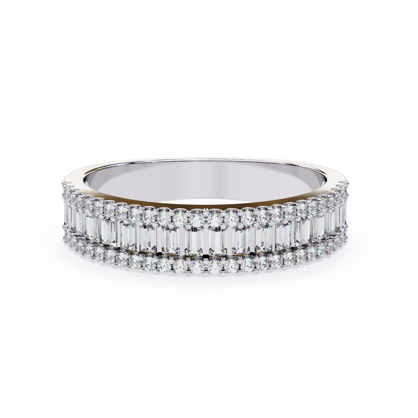 Front view of baguette and round lab diamond three row wedding band in white gold