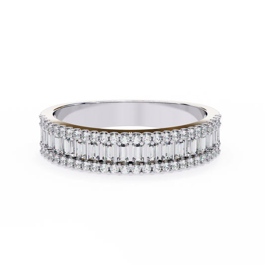 Front view of baguette and round lab diamond three row wedding band in white gold