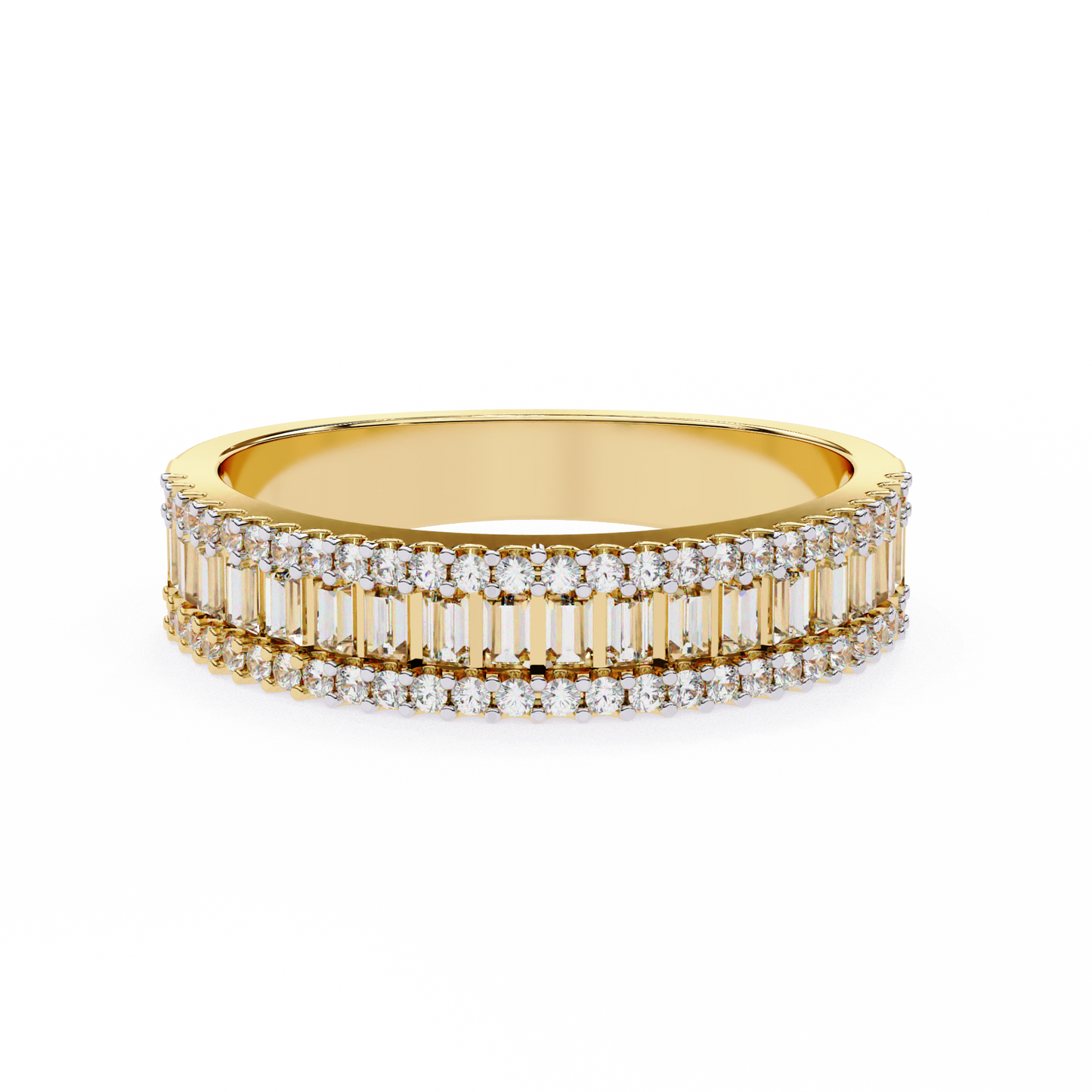 Yellow gold three row diamond band with baguette center stone design