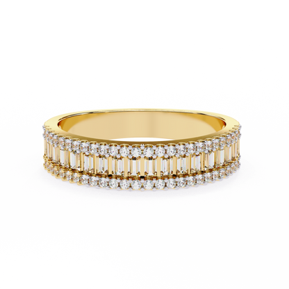 Yellow gold three row diamond band with baguette center stone design