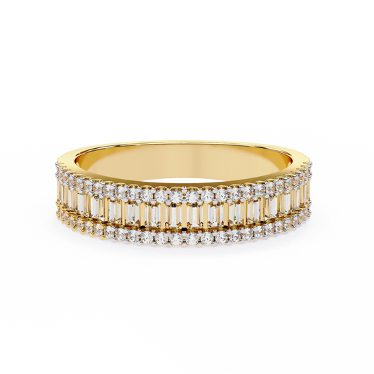 Yellow gold three row diamond band with baguette center stone design
