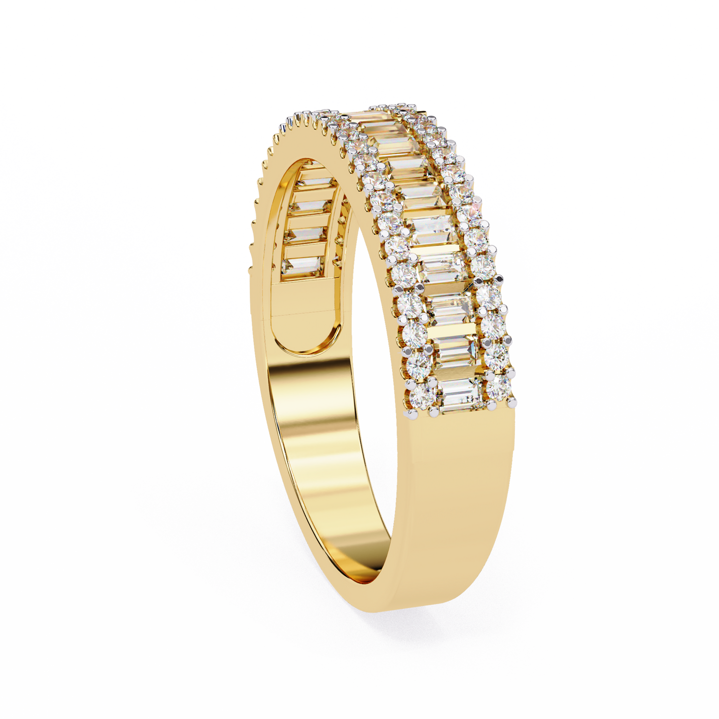 Three row diamond wedding band worn on finger with white gold finish