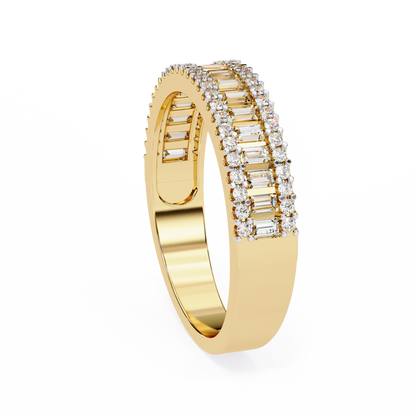 Three row diamond wedding band worn on finger with white gold finish