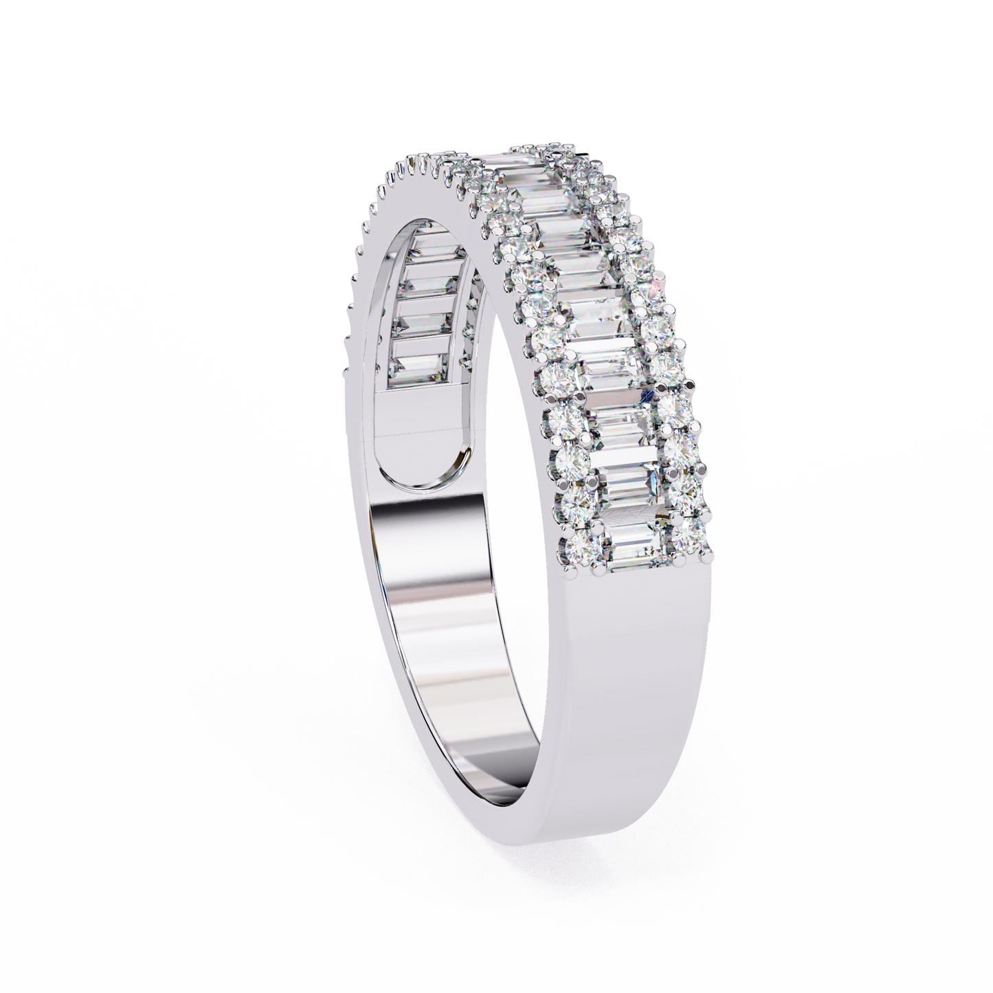 Side profile of baguette and round diamond wedding band with layered setting