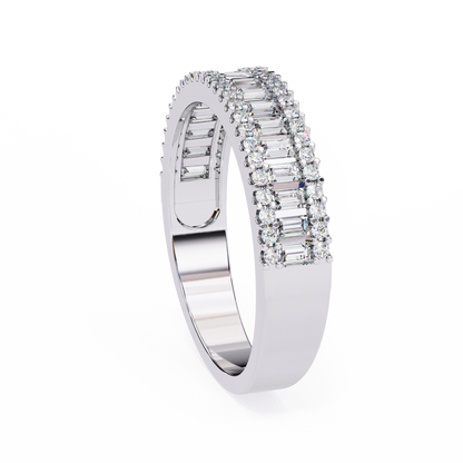 Side profile of baguette and round diamond wedding band with layered setting