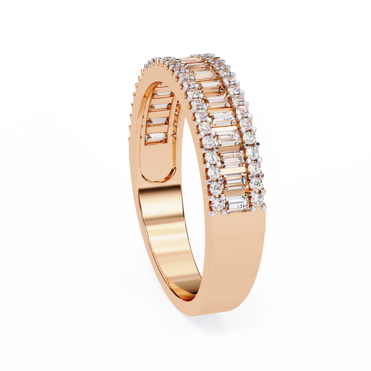 Angled view of three row baguette diamond wedding band in white gold