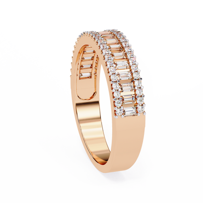 Angled view of three row baguette diamond wedding band in white gold