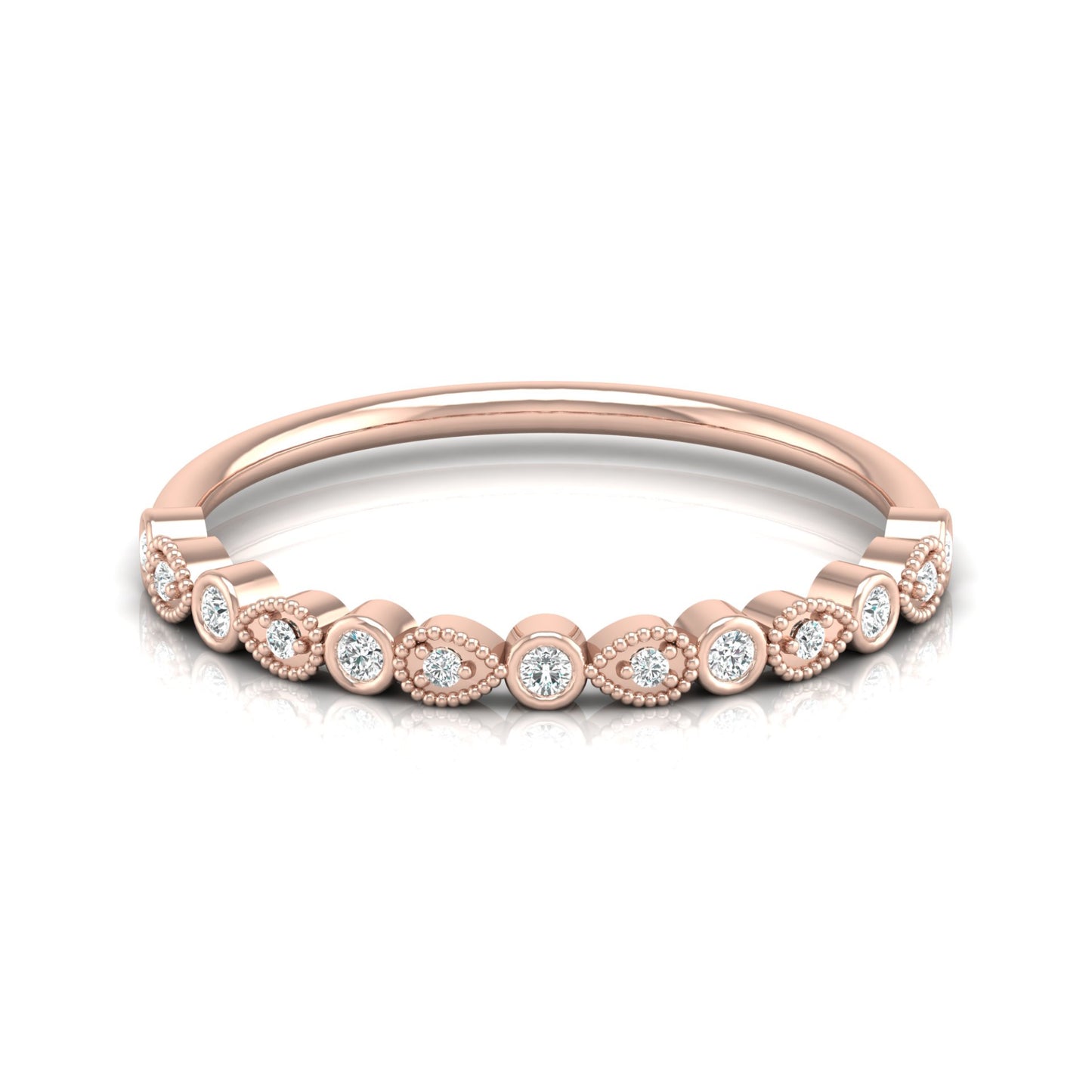 Bezel-Set Round Diamond Band Ring With Milgrain Detailing Vintage Style In 14K Solid Gold - HIGHCARAT DIAMONDS