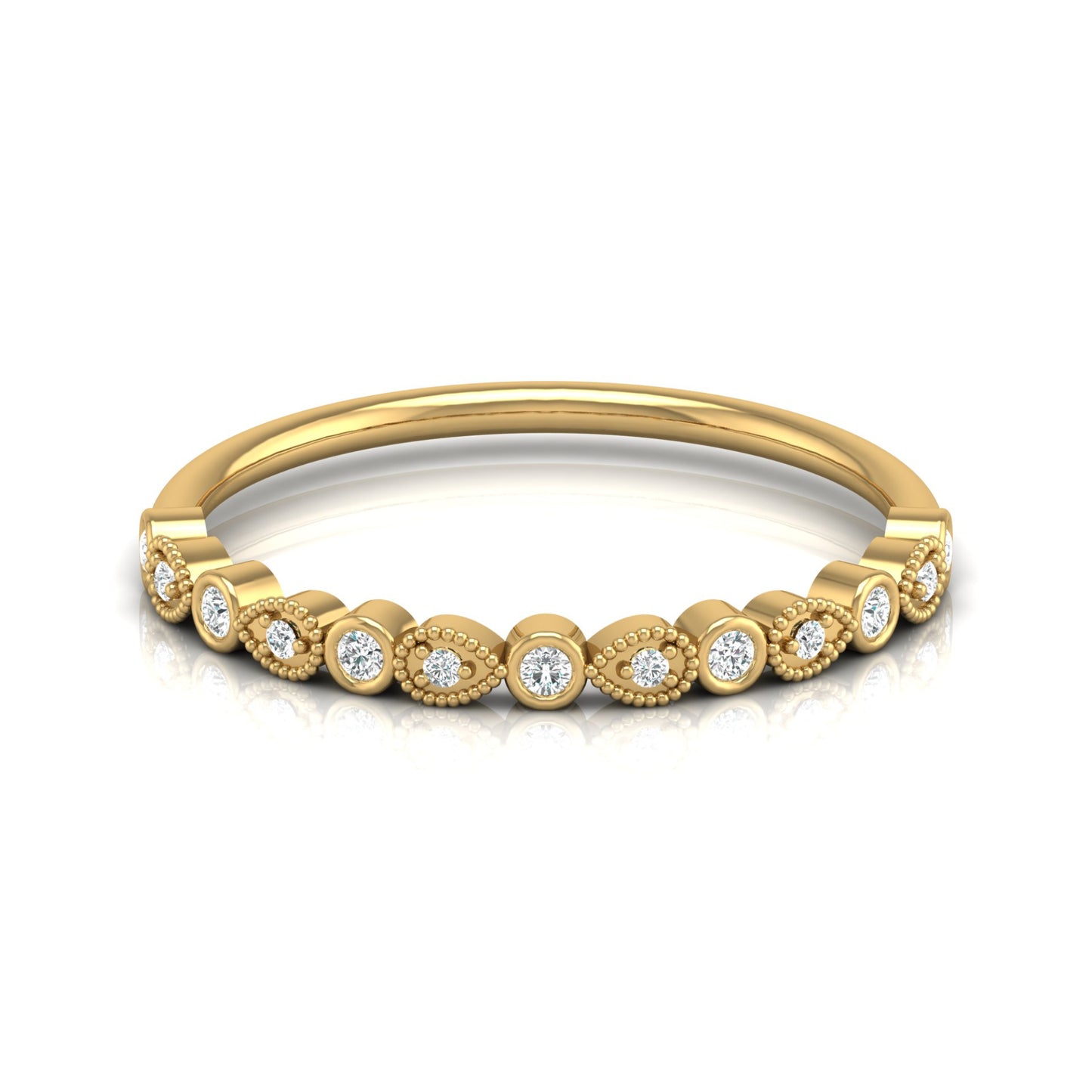 Bezel-Set Round Diamond Band Ring With Milgrain Detailing Vintage Style In 14K Solid Gold - HIGHCARAT DIAMONDS