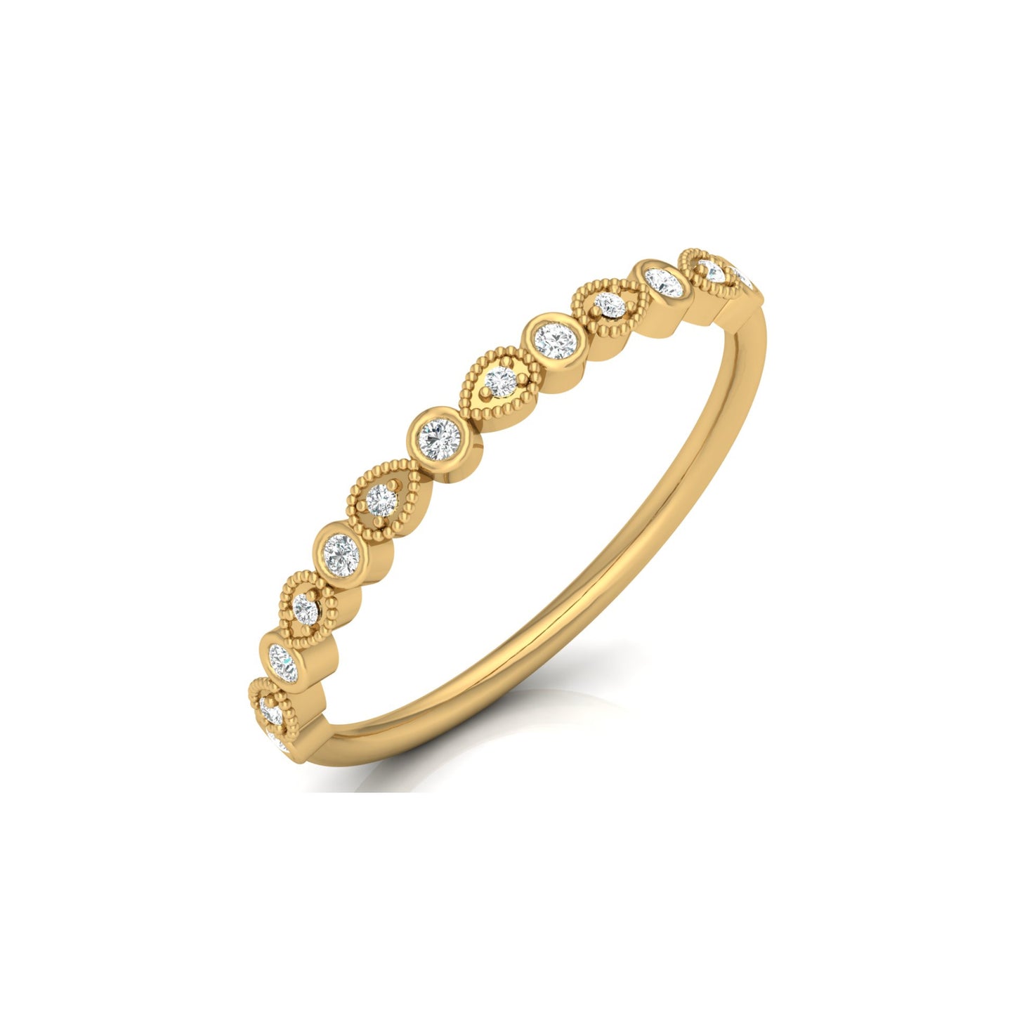 Bezel-Set Round Diamond Band Ring With Milgrain Detailing Vintage Style In 14K Solid Gold - HIGHCARAT DIAMONDS