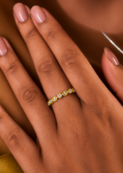 Bezel-Set Round Diamond Band Ring With Milgrain Detailing Vintage Style In 14K Solid Gold - HIGHCARAT DIAMONDS