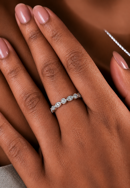 Bezel-Set Round Diamond Band Ring With Milgrain Detailing Vintage Style In 14K Solid Gold - HIGHCARAT DIAMONDS