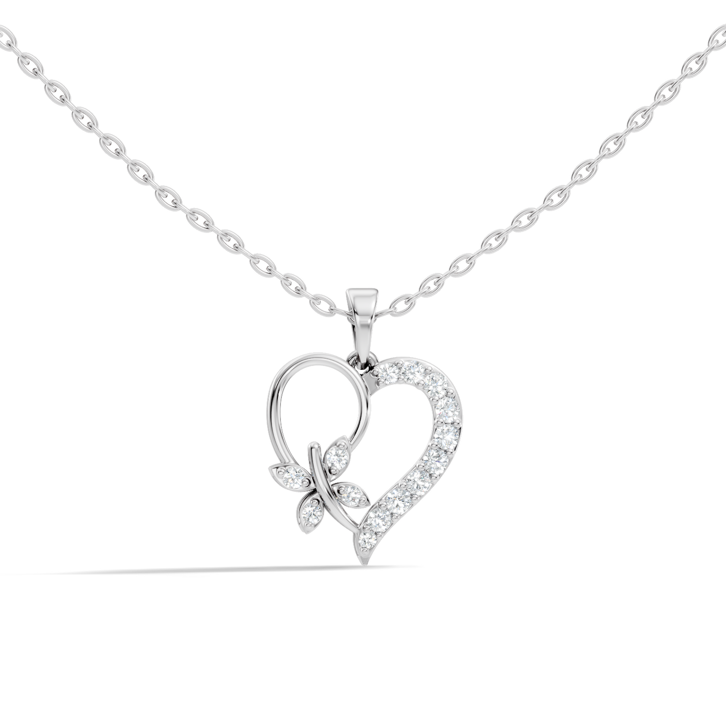 Heart shaped butterfly pendant in white gold finish