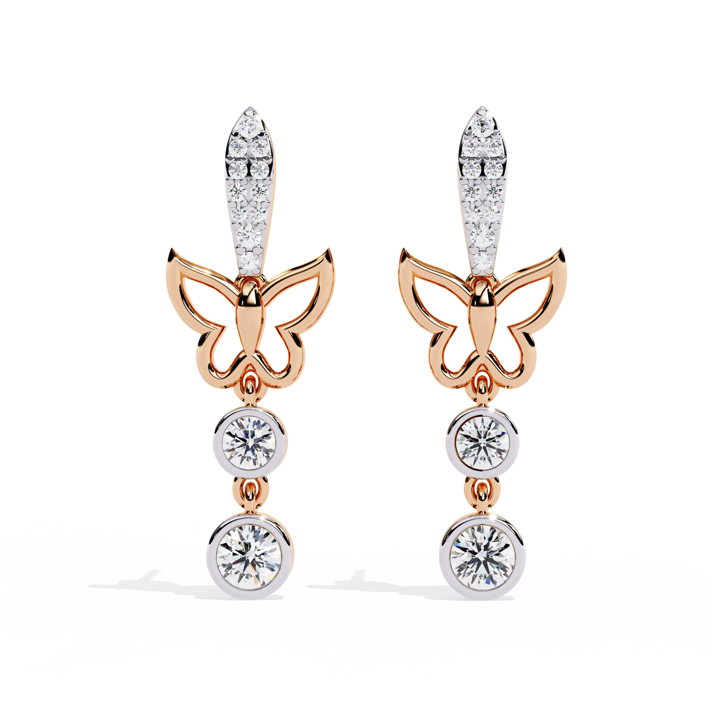 Butterfly shape drop earrings with bezel set diamonds