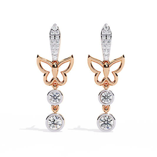 Butterfly shape drop earrings with bezel set diamonds