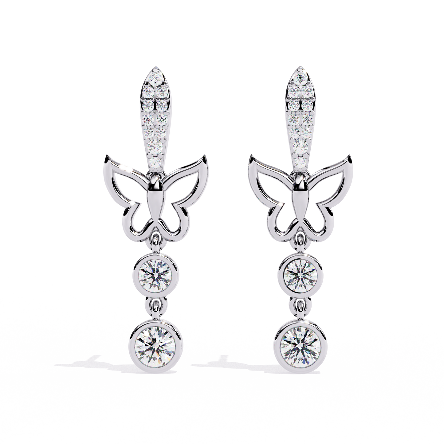 Open butterfly diamond dangle earrings in white gold