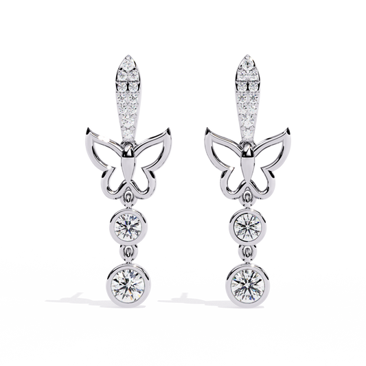 Open butterfly diamond dangle earrings in white gold