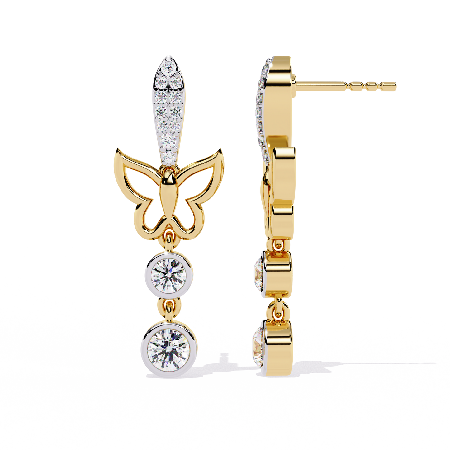 Butterfly inspired drop earrings with bezel set round diamonds