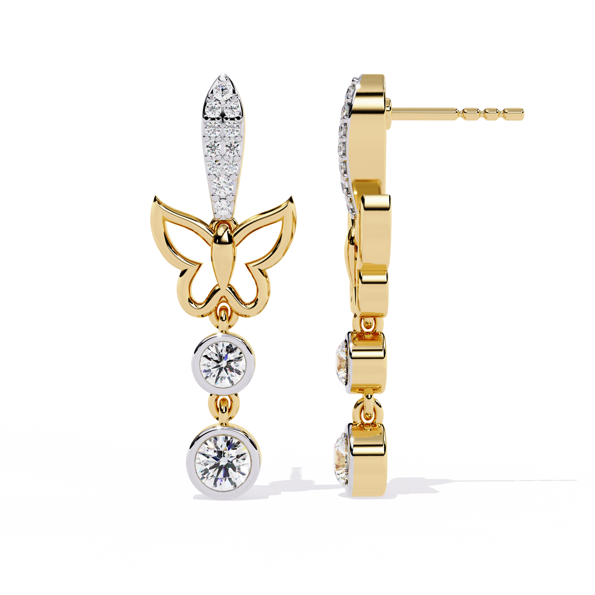 Butterfly inspired drop earrings with bezel set round diamonds