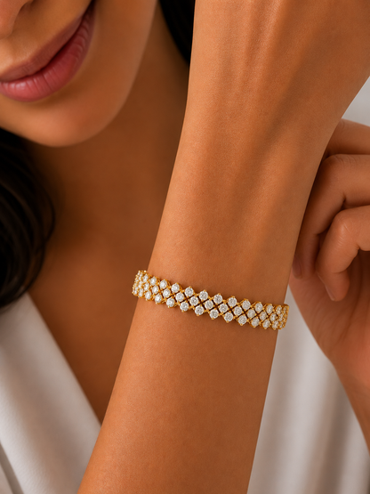 Round Cut Prong Set Three Layer Row Tennis Diamond Bracelet