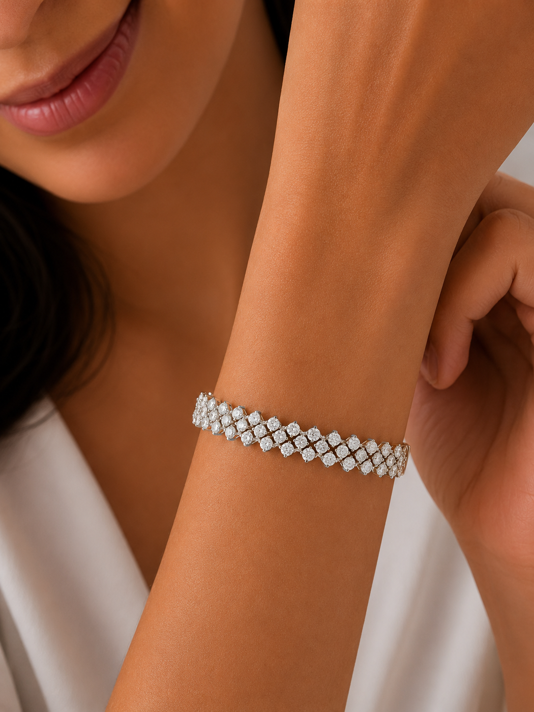 Round Cut Prong Set Three Layer Row Tennis Diamond Bracelet