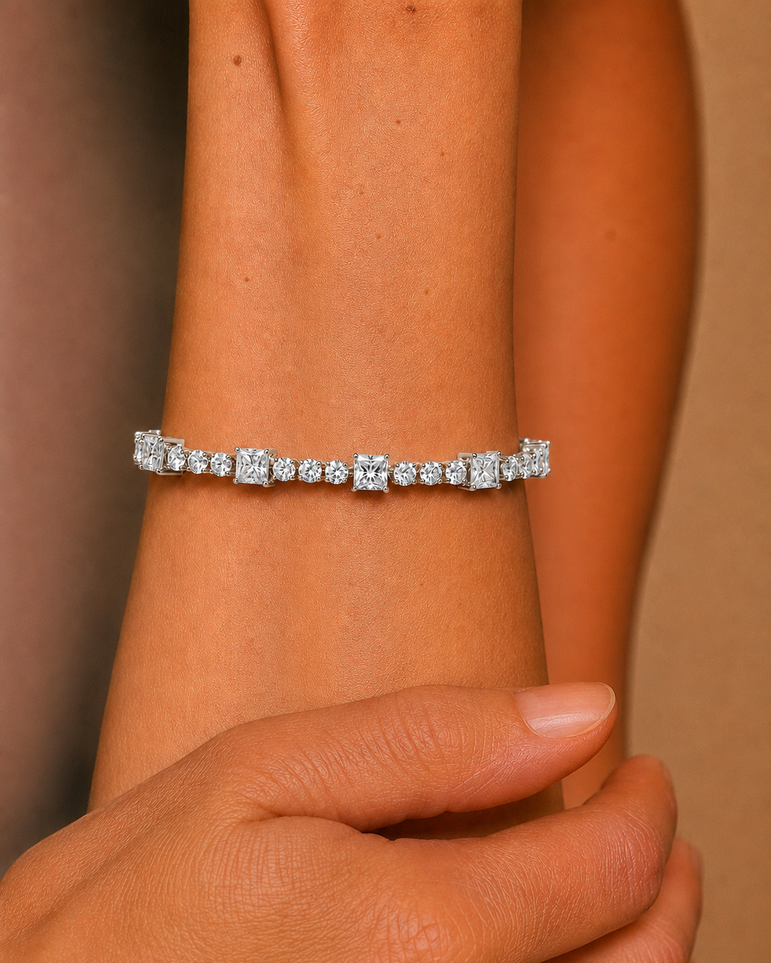 Round and Princess Cut Lab Grown Diamond Tennis Bracelet