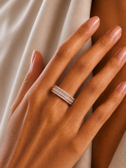 Baguette & Round Diamond Three Row Wedding Band