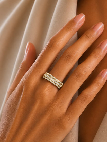 Baguette & Round Diamond Three Row Wedding Band