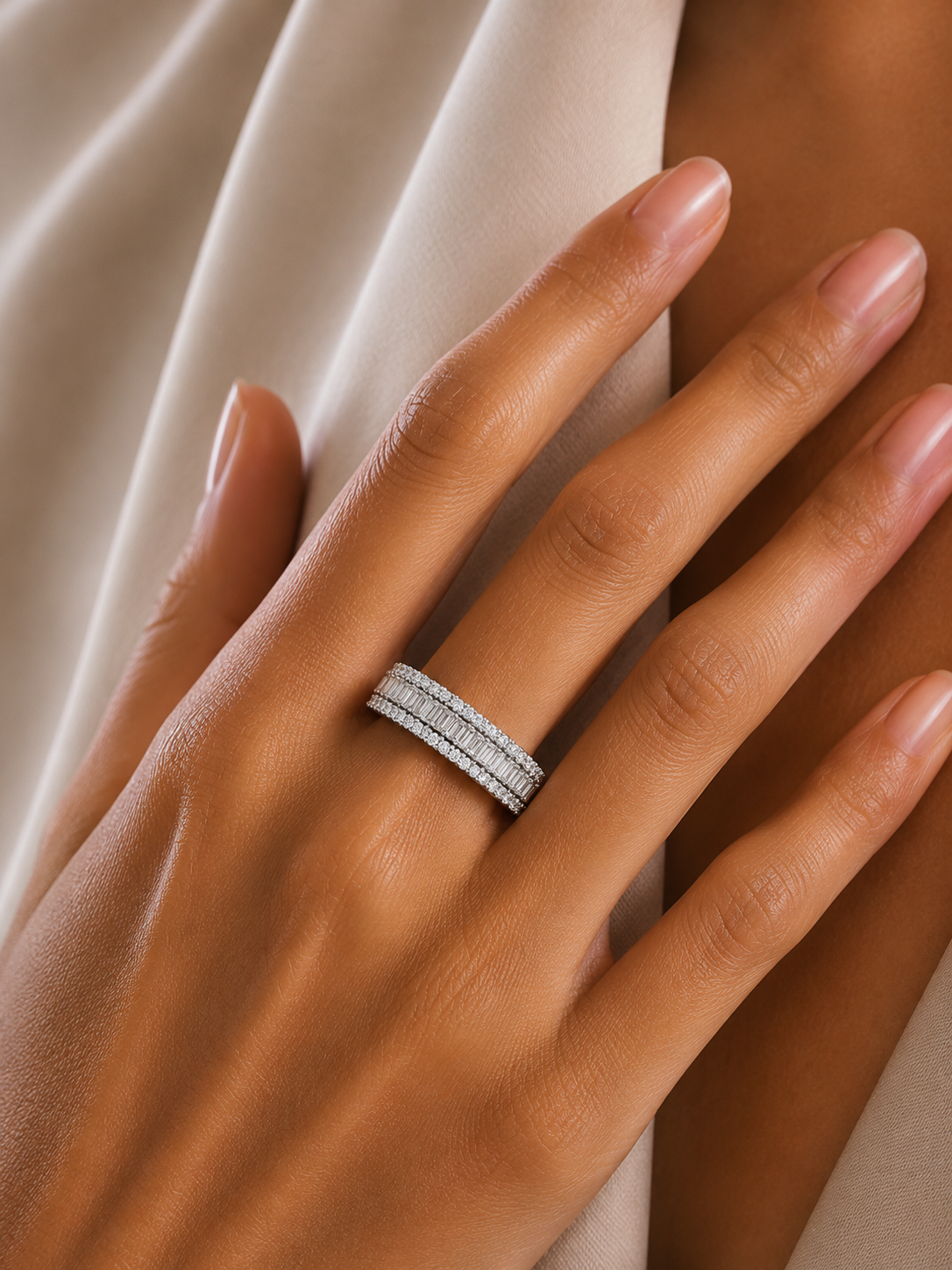 Baguette & Round Diamond Three Row Wedding Band