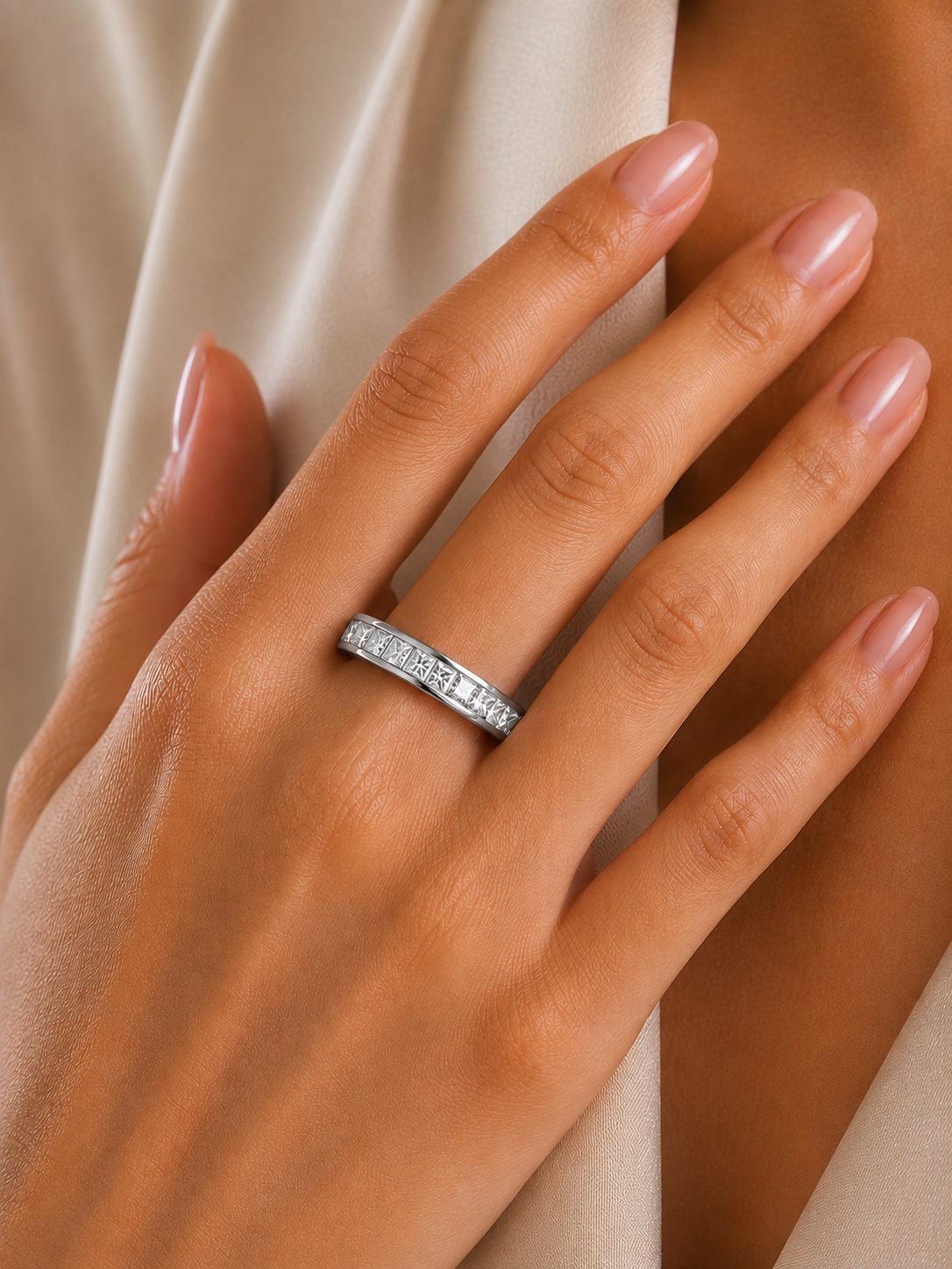 1.07Ct Princess Cut Diamond Half Eternity Bezel Set 18k Yellow Gold Sparkling Band Annivrasry Gift for Her