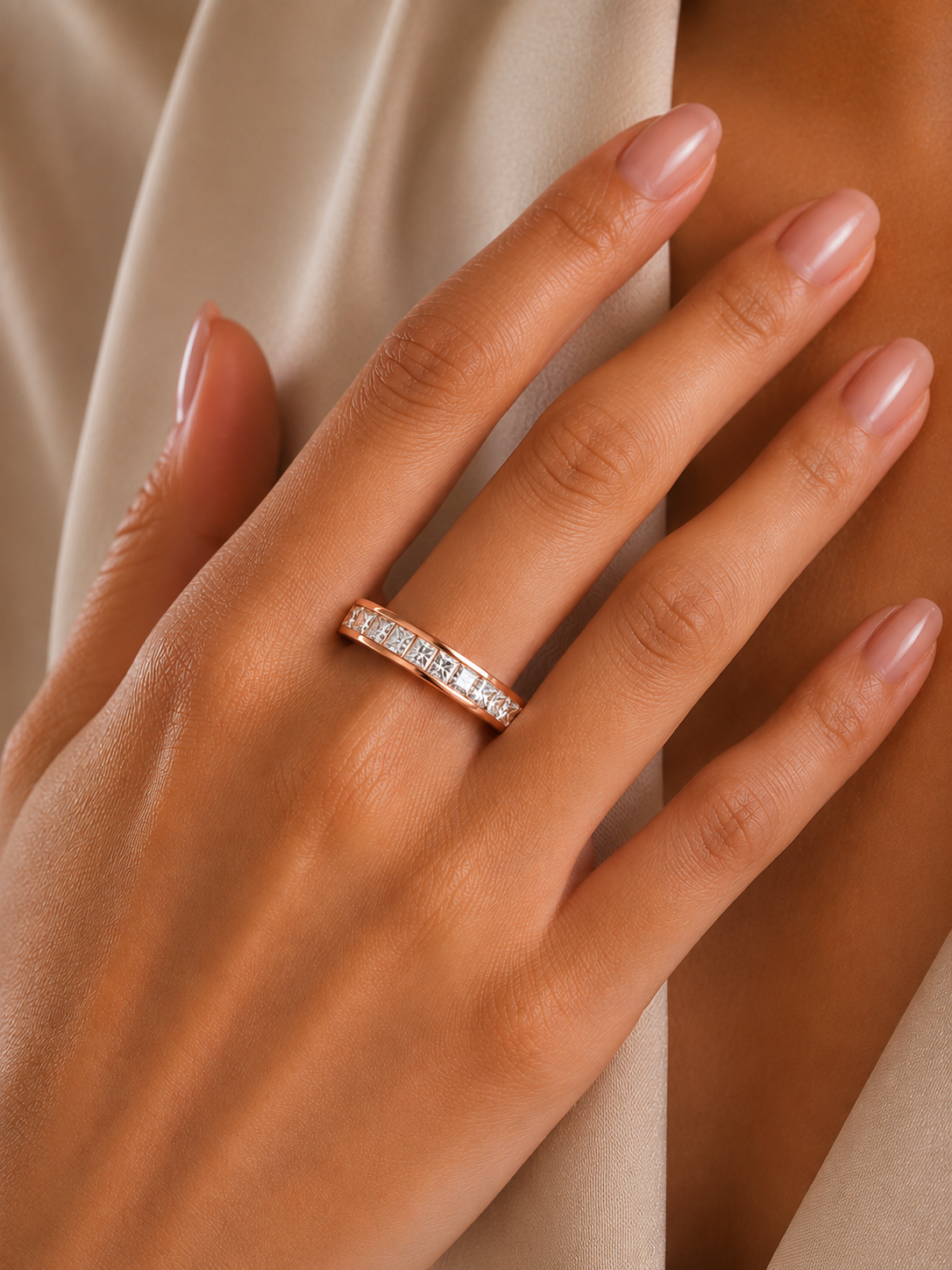 1.07Ct Princess Cut Diamond Half Eternity Bezel Set 18k Yellow Gold Sparkling Band Annivrasry Gift for Her