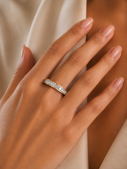 1.07Ct Princess Cut Diamond Half Eternity Bezel Set 18k Yellow Gold Sparkling Band Annivrasry Gift for Her