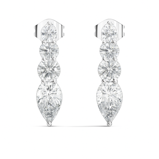 Handcrafted Gold Round Labgrown Diamond Strud Earrings Long Drop Style with Pear Cut Stones