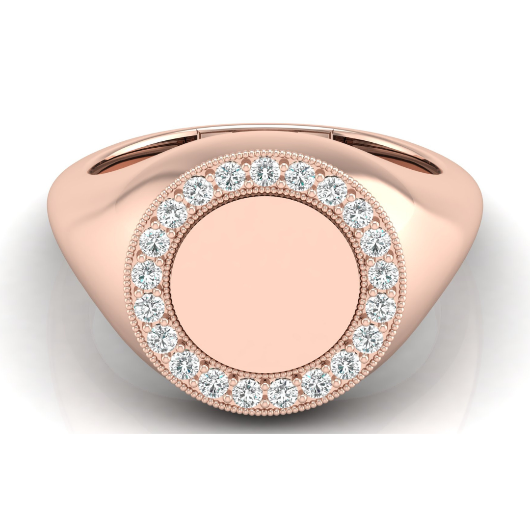 Classic Round Pave Diamond Signet Ring Personalized Unisex Solid Gold Ring in 14K
