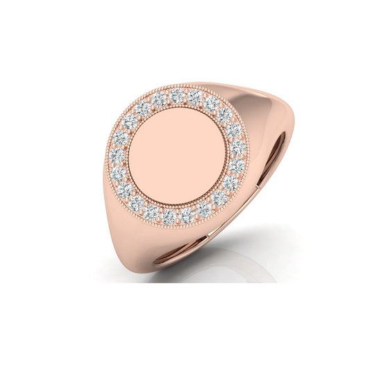 Classic Round Pave Diamond Signet Ring Personalized Unisex Solid Gold Ring in 14K