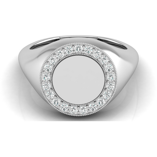 Classic Round Pave Diamond Signet Ring Personalized Unisex Solid Gold Ring in 14K - HIGHCARAT DIAMONDS