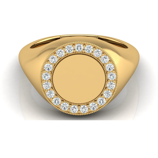 Classic Round Pave Diamond Signet Ring Personalized Unisex Solid Gold Ring in 14K - HIGHCARAT DIAMONDS